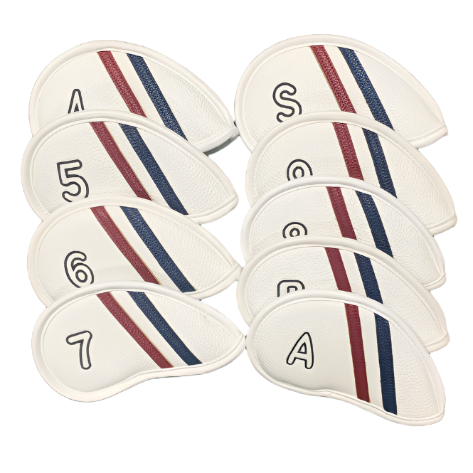 Lederen iron en wedge headcovers 9-delig rood wit blauw